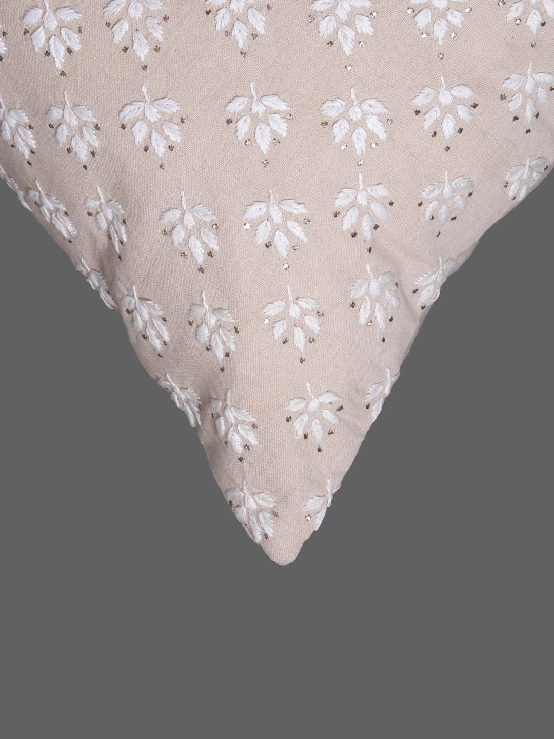 Ada Hand Embroidered Fawn Cotton Lucknowi Chikankari Cushion Cover With Muqaish Work 01A345502