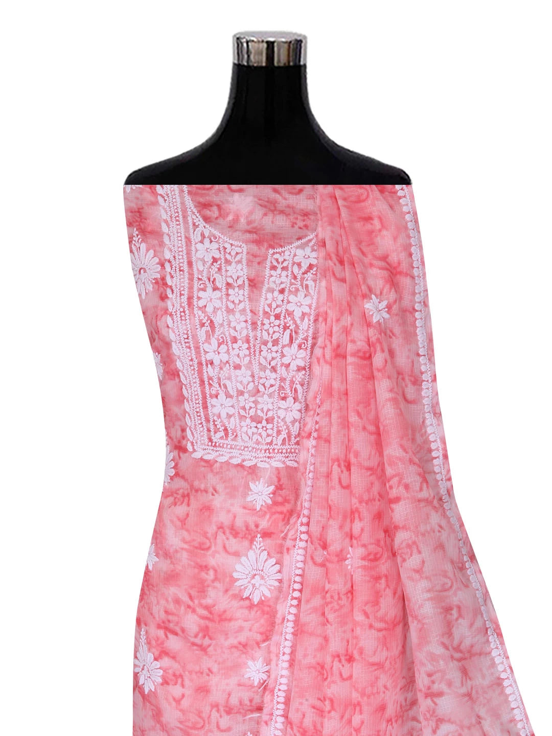 Ada Hand Embroidered Pink Kota Lucknowi Chikankari Unstitched Kurta Dupatta Set 01A389435