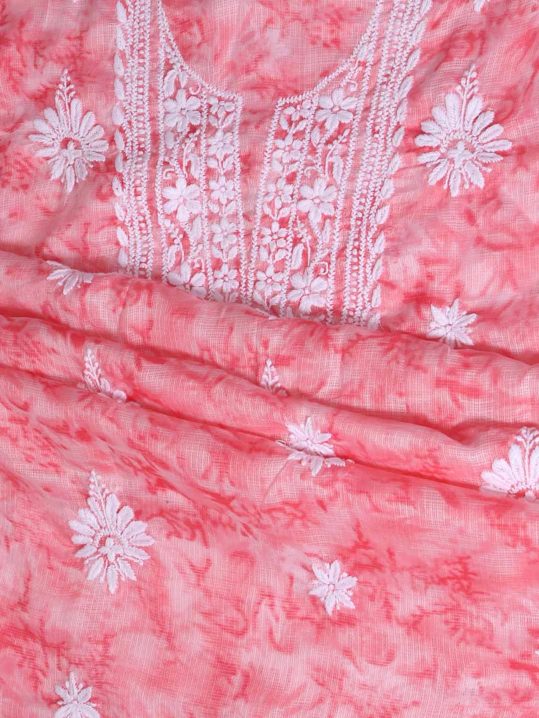Ada Hand Embroidered Pink Kota Lucknowi Chikankari Unstitched Kurta Dupatta Set 01A389435