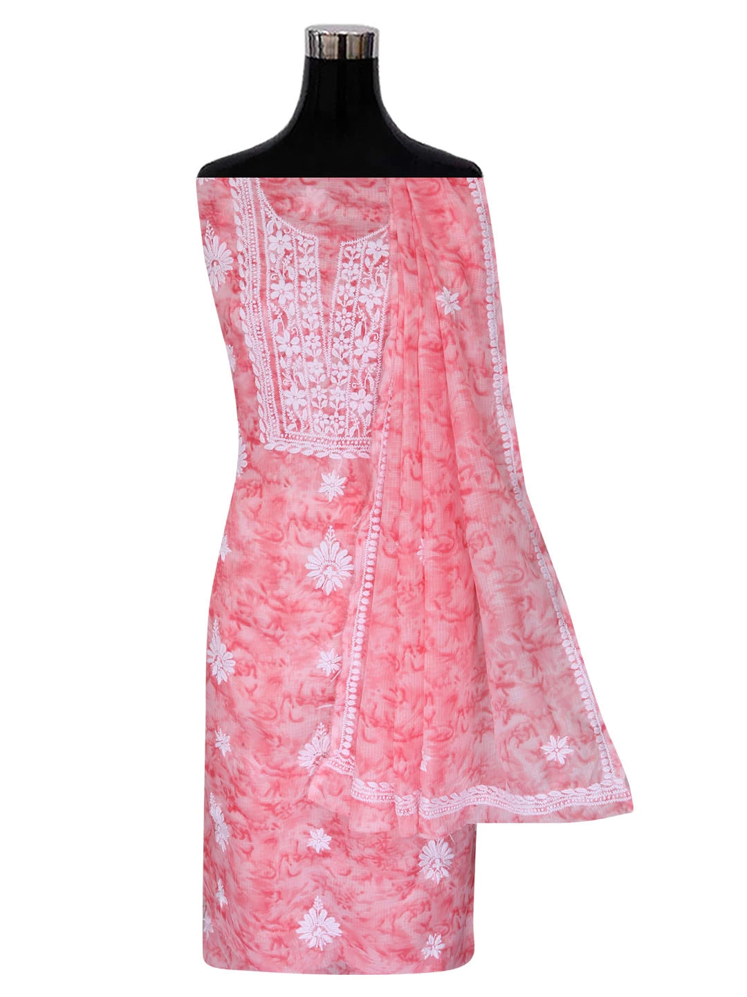 Ada Hand Embroidered Pink Kota Lucknowi Chikankari Unstitched Kurta Dupatta Set 01A389435