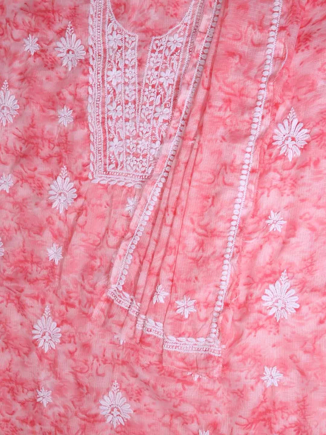Ada Hand Embroidered Pink Kota Lucknowi Chikankari Unstitched Kurta Dupatta Set 01A389435