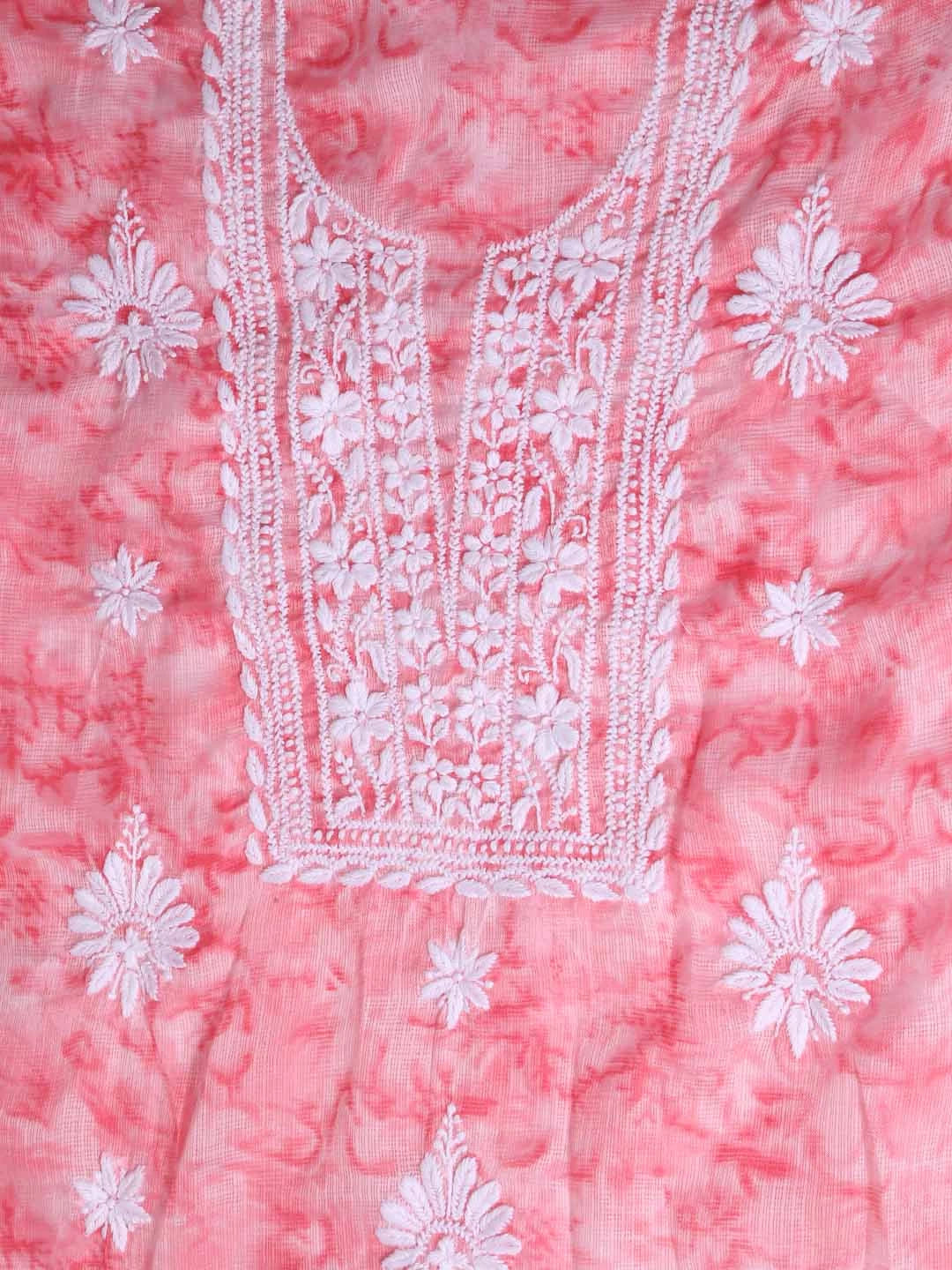Ada Hand Embroidered Pink Kota Lucknowi Chikankari Unstitched Kurta Dupatta Set 01A389435