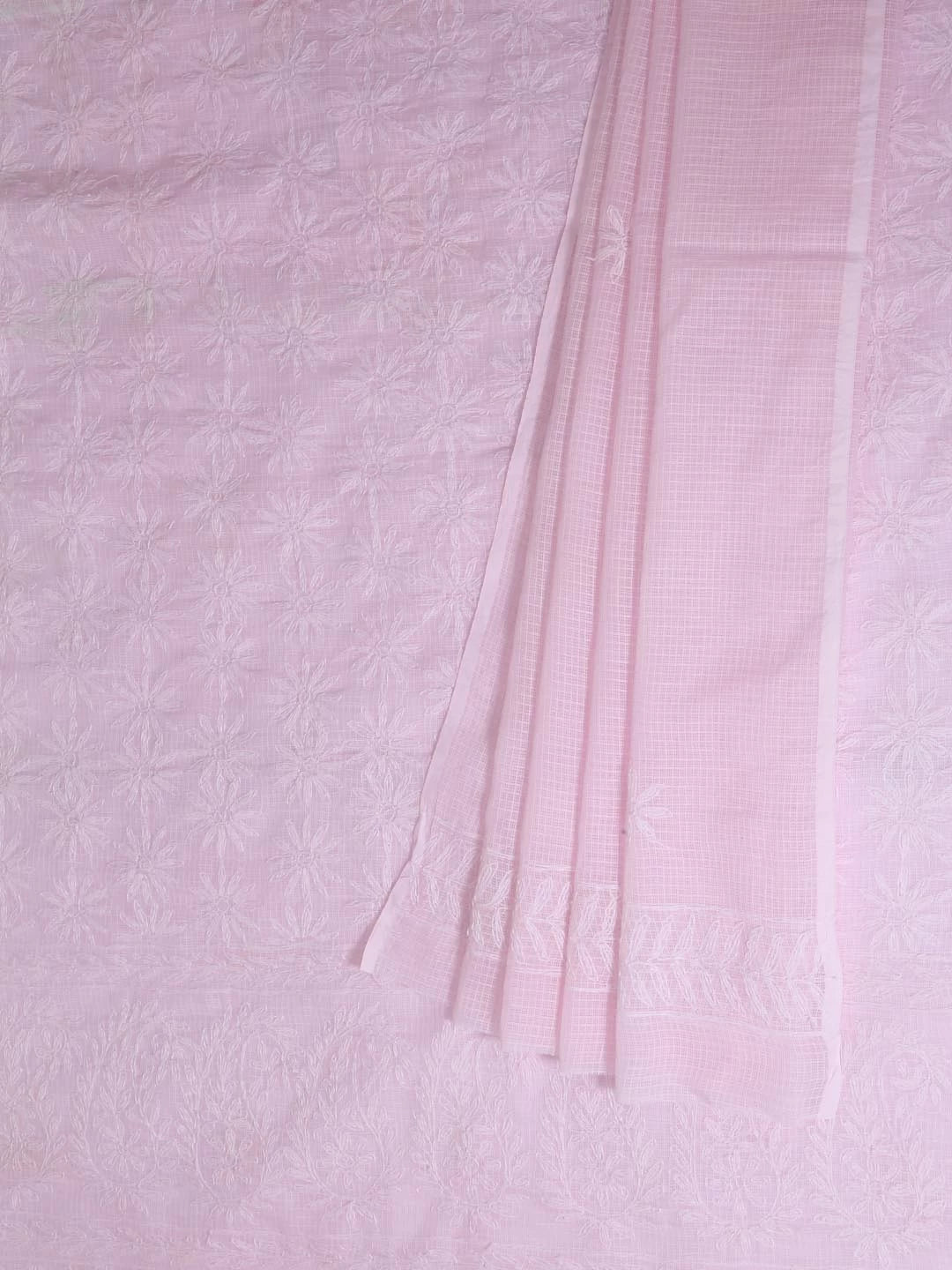 Ada Hand Embroidered Pink Kota Lucknowi Chikankari Unstitched Kurta Dupatta Set A211278