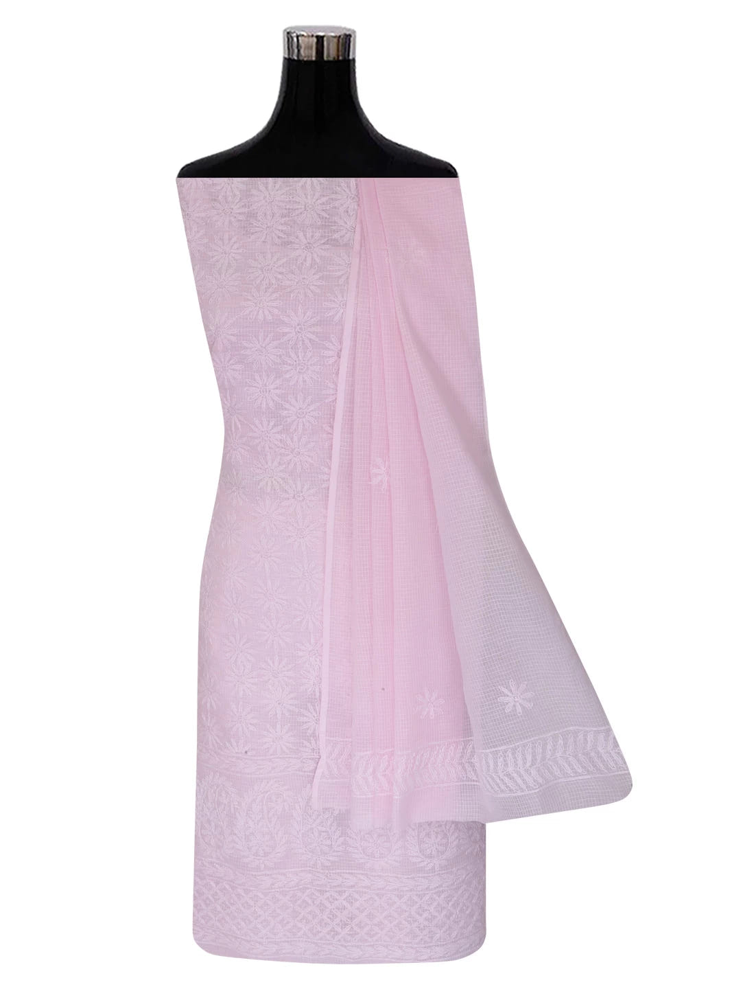 Ada Hand Embroidered Pink Kota Lucknowi Chikankari Unstitched Kurta Dupatta Set A211278