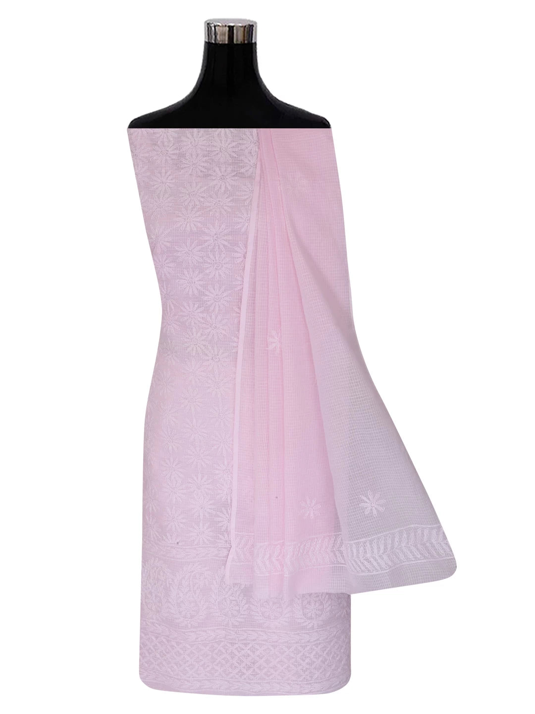 Ada Hand Embroidered Pink Kota Lucknowi Chikankari Unstitched Kurta Dupatta Set A211278