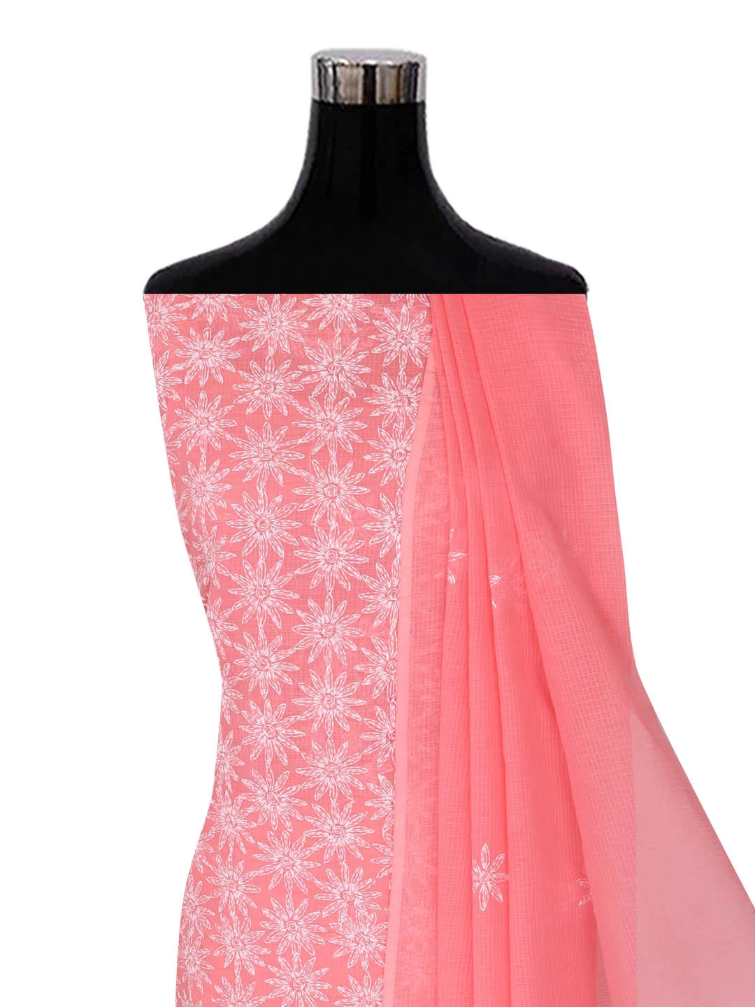 Ada Hand Embroidered Peach Kota Lucknowi Chikankari Unstitched Kurta Dupatta Set A211276