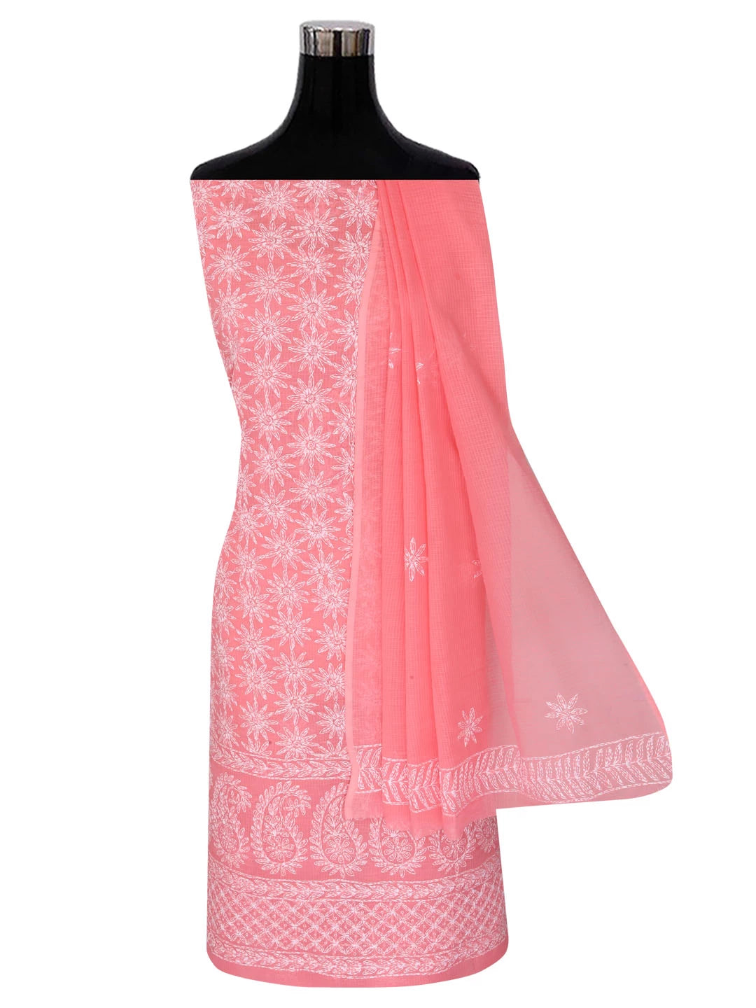 Ada Hand Embroidered Peach Kota Lucknowi Chikankari Unstitched Kurta Dupatta Set A211276