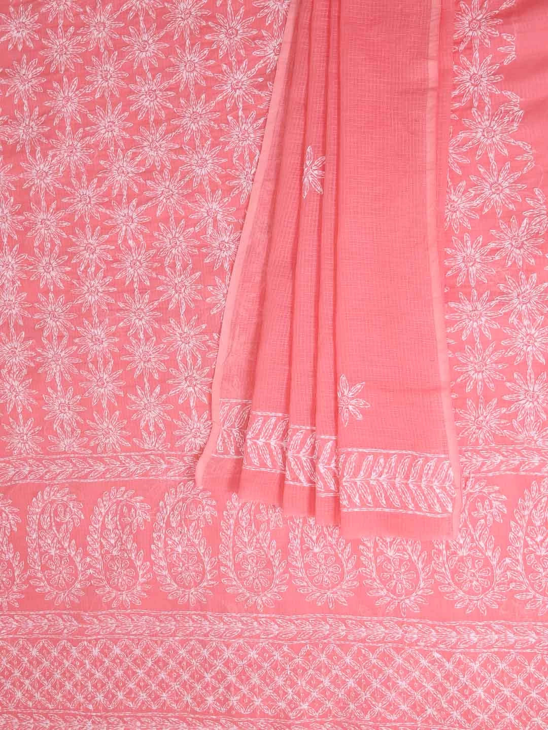 Ada Hand Embroidered Peach Kota Lucknowi Chikankari Unstitched Kurta Dupatta Set A211276