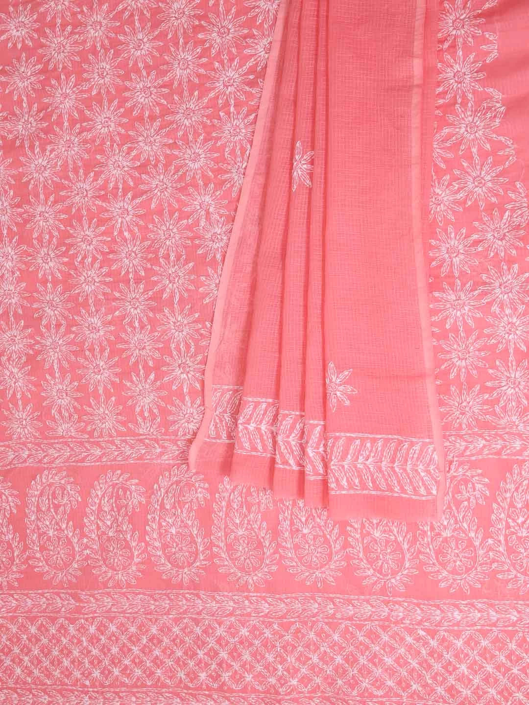 Ada Hand Embroidered Peach Kota Lucknowi Chikankari Unstitched Kurta Dupatta Set A211276