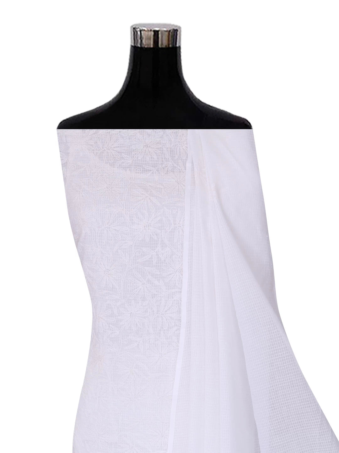 Ada Hand Embroidered White Kota Lucknowi Chikankari Unstitched Kurta Dupatta Set A211270