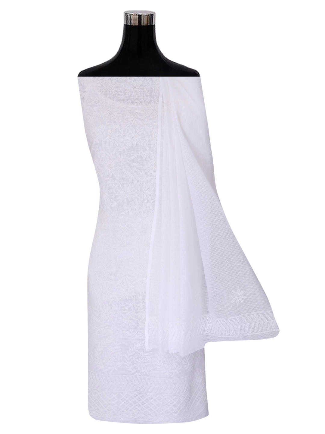 Ada Hand Embroidered White Kota Lucknowi Chikankari Unstitched Kurta Dupatta Set A211270