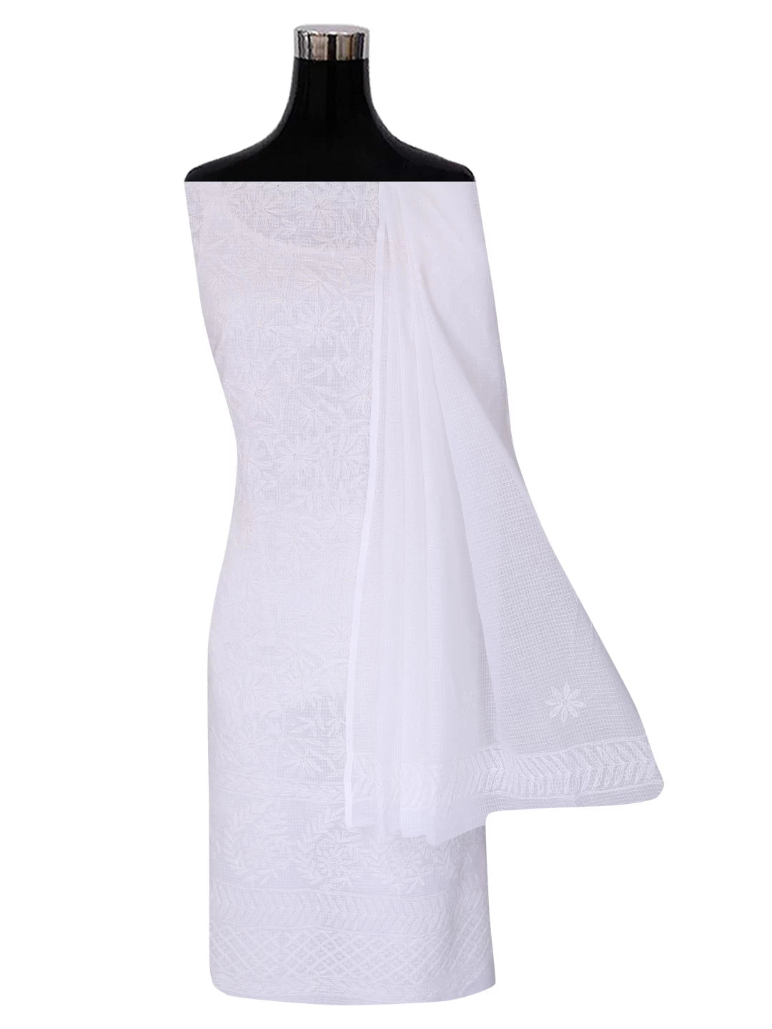 Ada Hand Embroidered White Kota Lucknowi Chikankari Unstitched Kurta Dupatta Set A211270