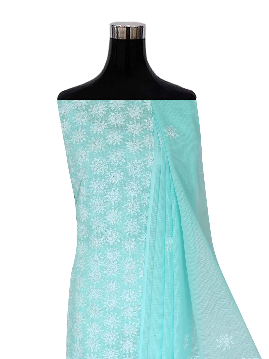 Ada Hand Embroidered Sea Green Kota Lucknowi Chikankari Unstitched Kurta Dupatta Set A211275