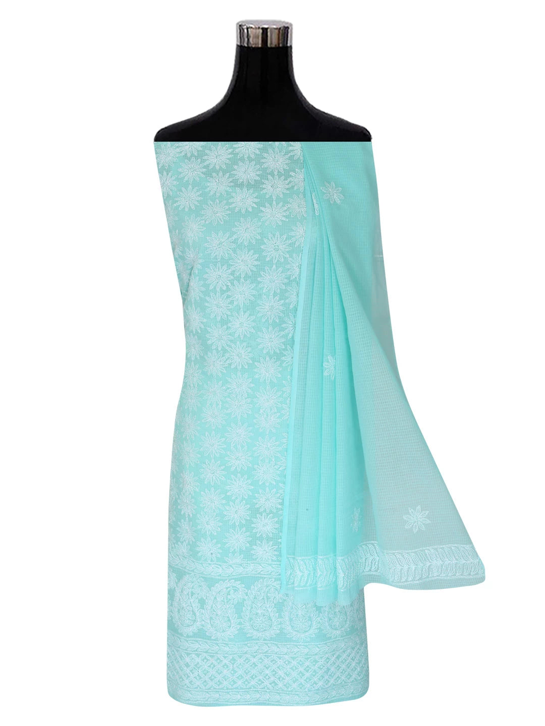 Ada Hand Embroidered Sea Green Kota Lucknowi Chikankari Unstitched Kurta Dupatta Set A211275