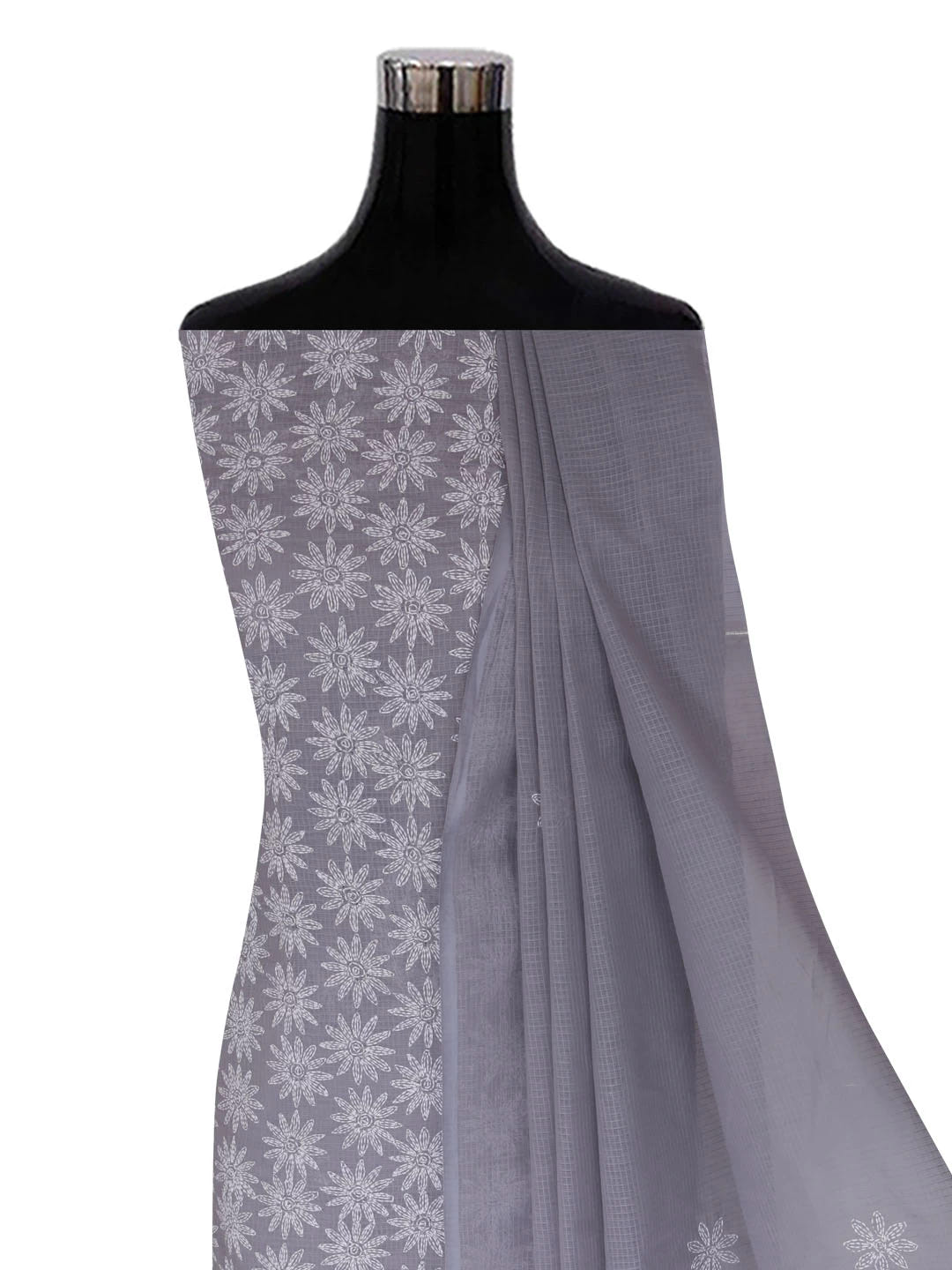 Ada Hand Embroidered Grey Kota Lucknowi Chikankari Unstitched Kurta Dupatta Set A211277