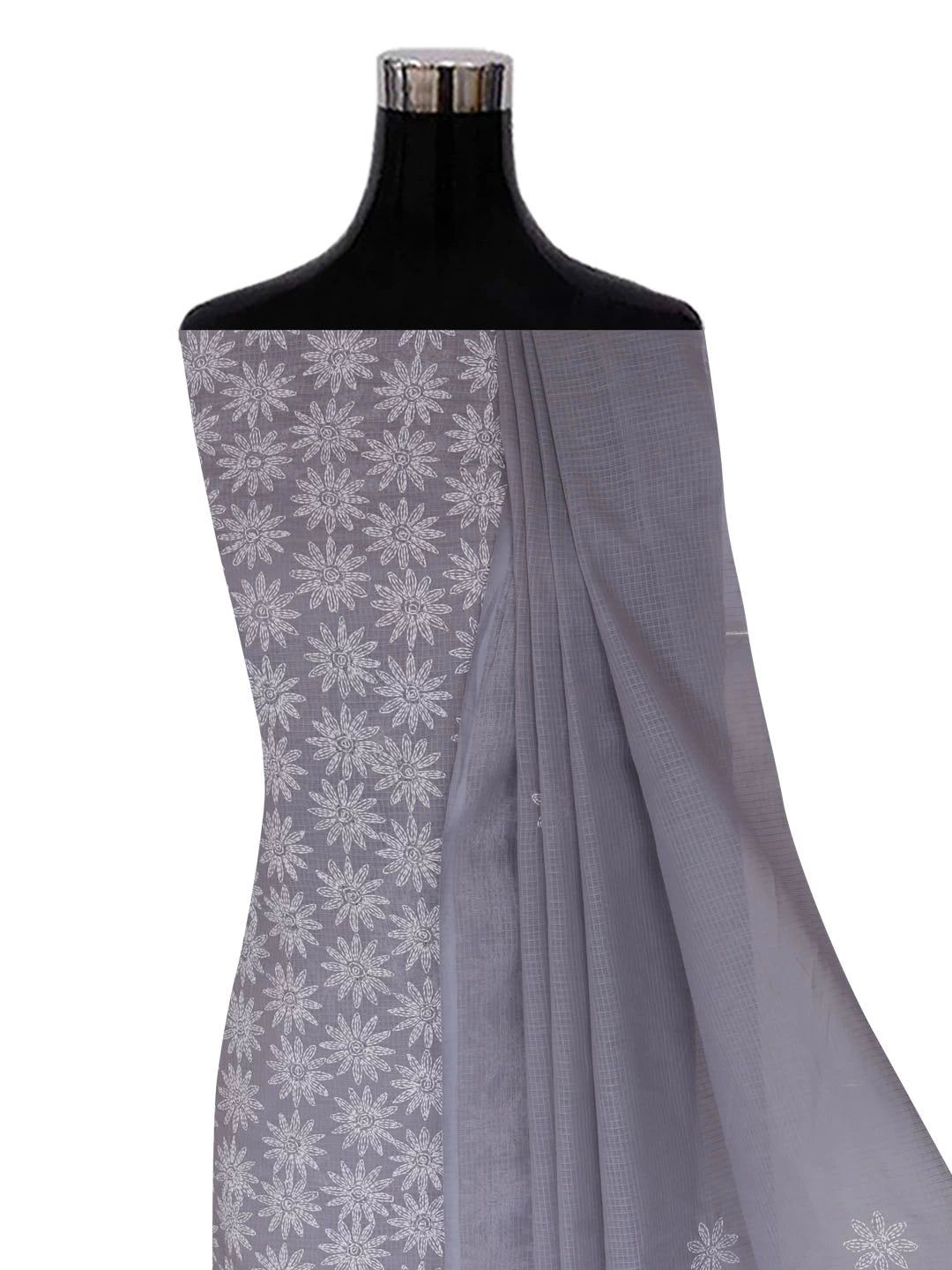 Ada Hand Embroidered Grey Kota Lucknowi Chikankari Unstitched Kurta Dupatta Set A211277