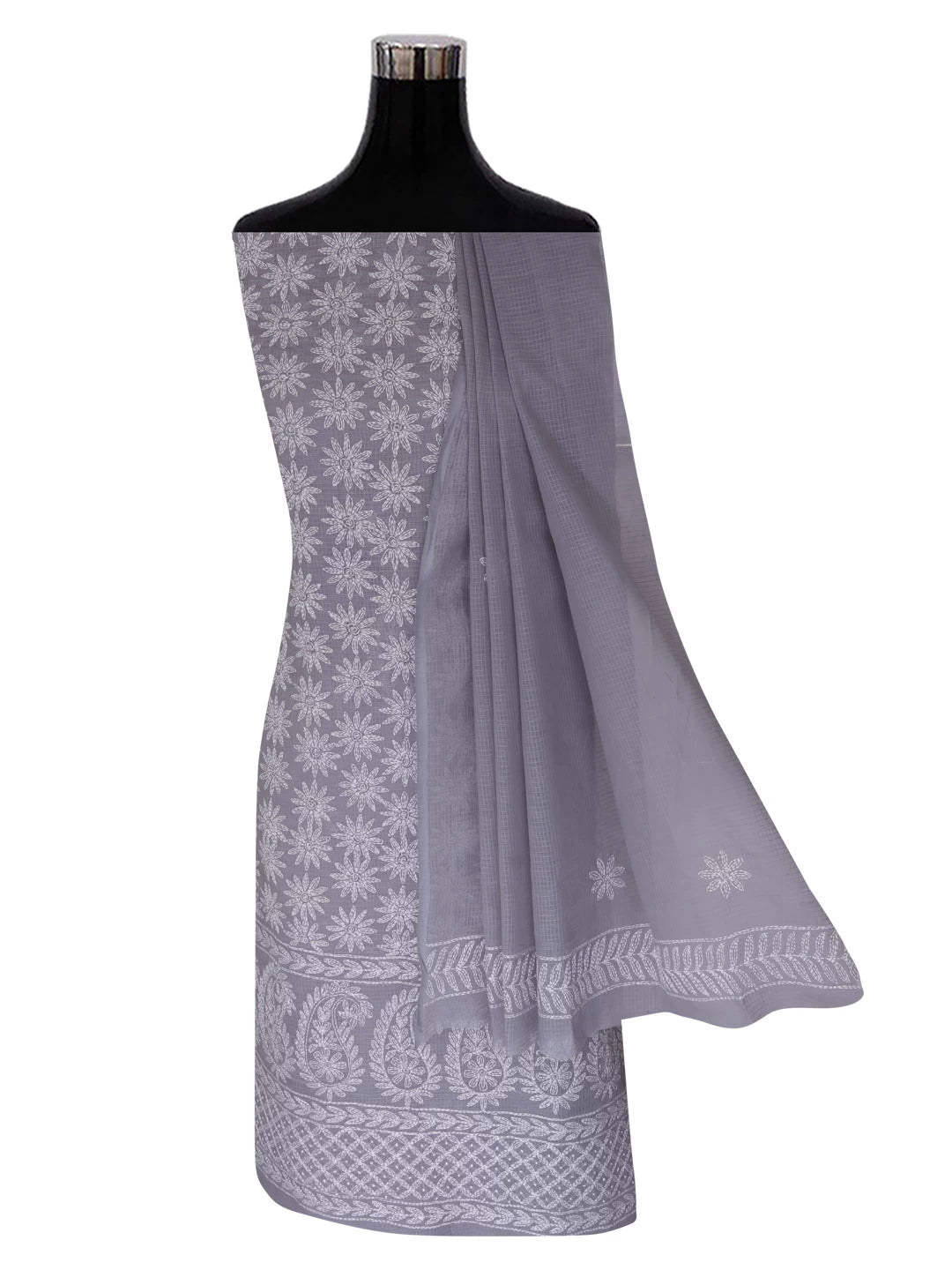 Ada Hand Embroidered Grey Kota Lucknowi Chikankari Unstitched Kurta Dupatta Set A211277