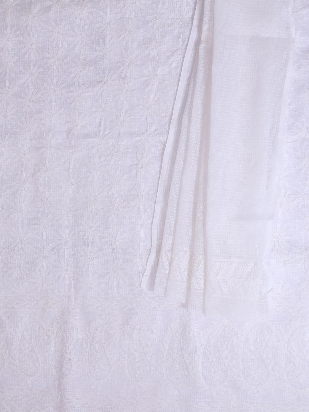 Ada Hand Embroidered White Kota Lucknowi Chikankari Unstitched Kurta Dupatta Set A211274