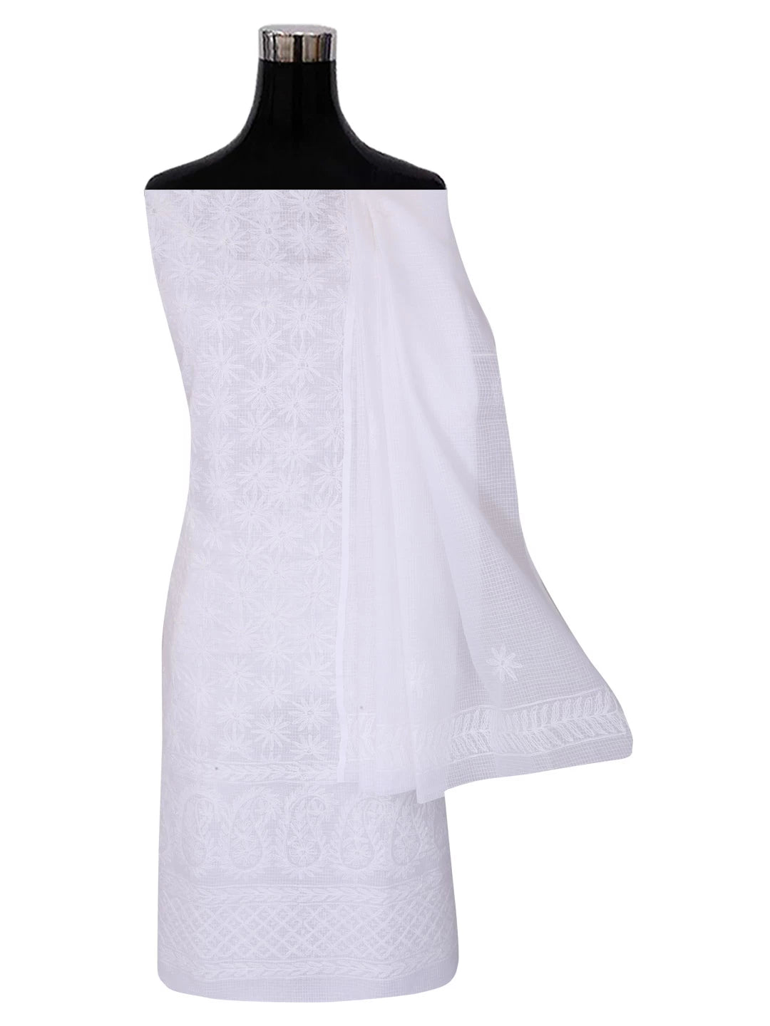 Ada Hand Embroidered White Kota Lucknowi Chikankari Unstitched Kurta Dupatta Set A211274