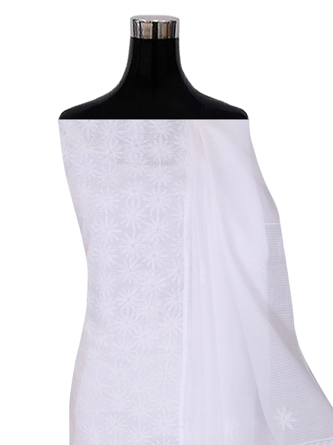Ada Hand Embroidered White Kota Lucknowi Chikankari Unstitched Kurta Dupatta Set A211274