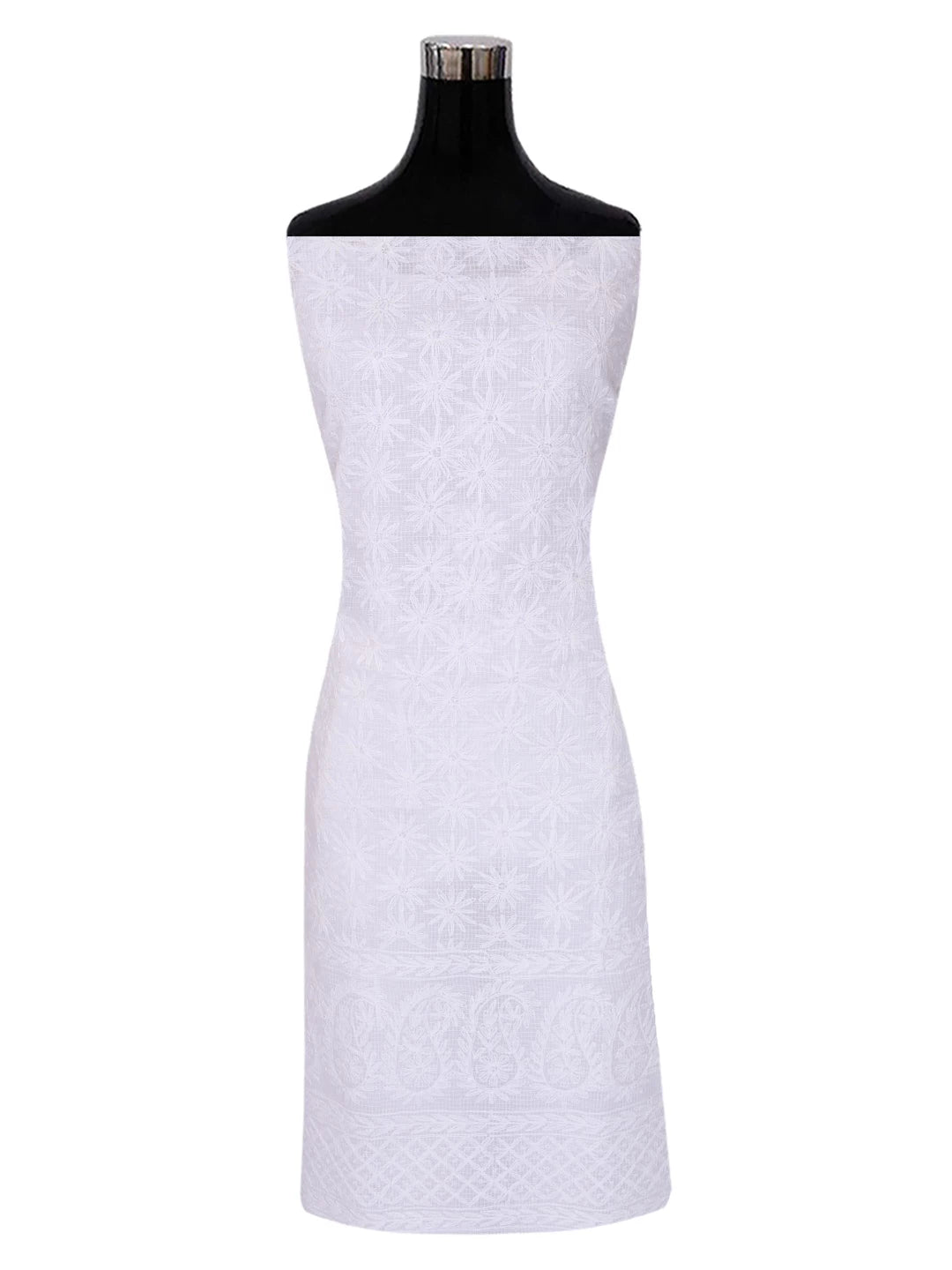 Ada Hand Embroidered White Kota Lucknowi Chikankari Unstitched Kurta Dupatta Set A211274