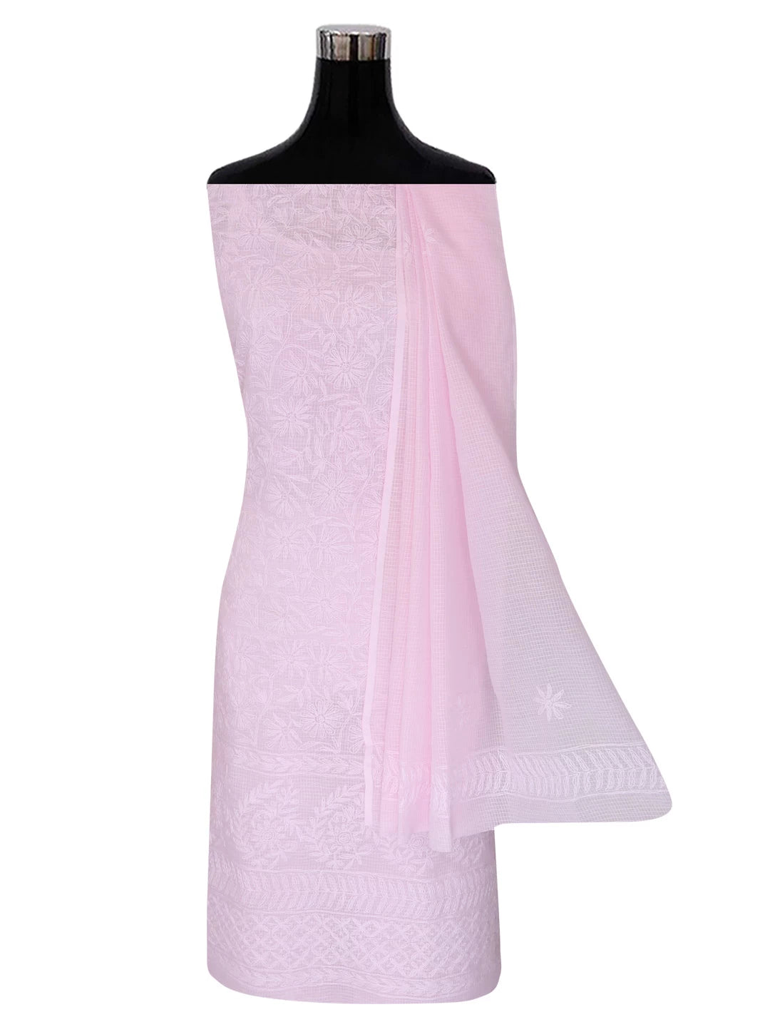 Ada Hand Embroidered Pink Kota Lucknowi Chikankari Unstitched Kurta Dupatta Set A211272