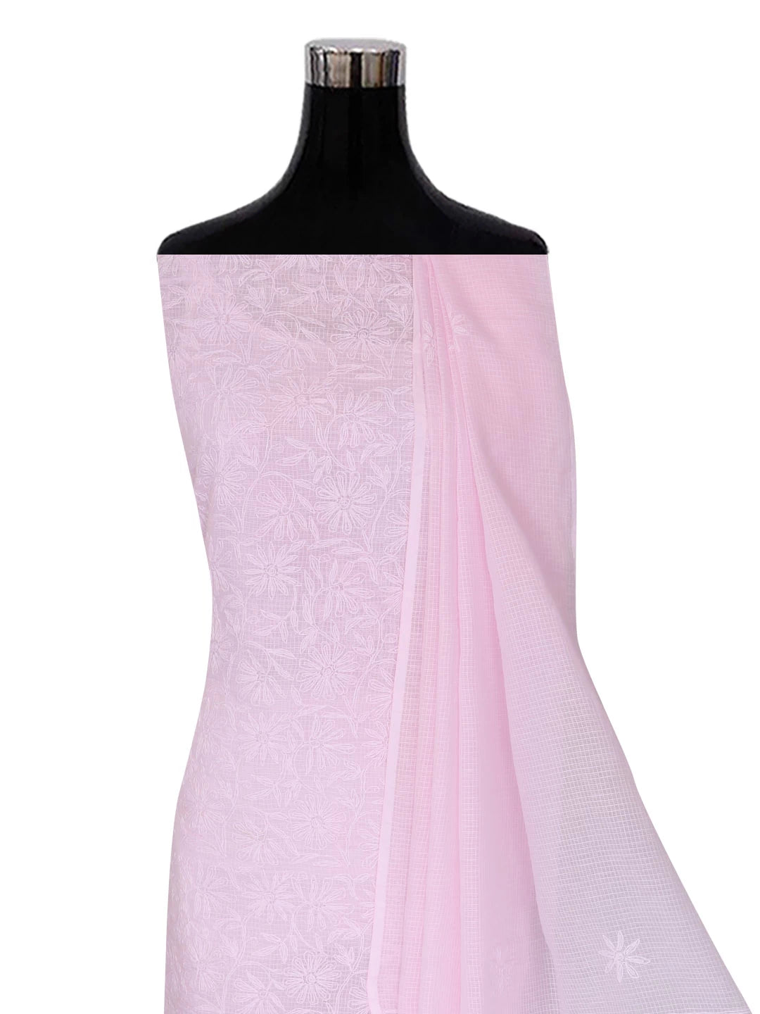 Ada Hand Embroidered Pink Kota Lucknowi Chikankari Unstitched Kurta Dupatta Set A211272
