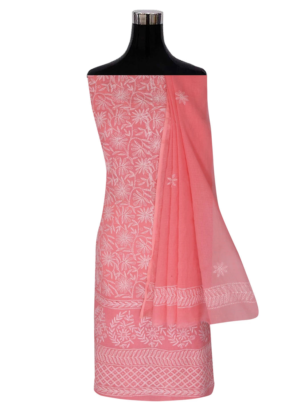 Ada Hand Embroidered Peach Kota Lucknowi Chikankari Unstitched Kurta Dupatta Set A211268