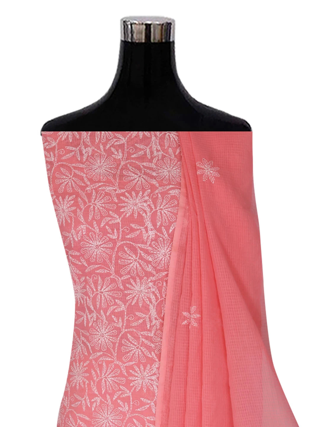 Ada Hand Embroidered Peach Kota Lucknowi Chikankari Unstitched Kurta Dupatta Set A211268