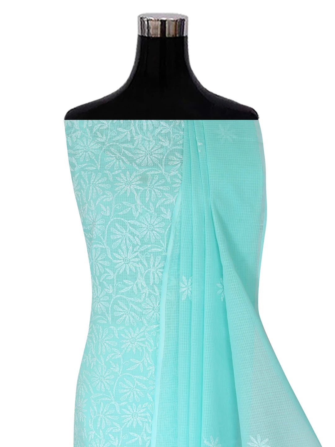 Ada Hand Embroidered Sea Green Kota Lucknowi Chikankari Unstitched Kurta Dupatta Set A211271