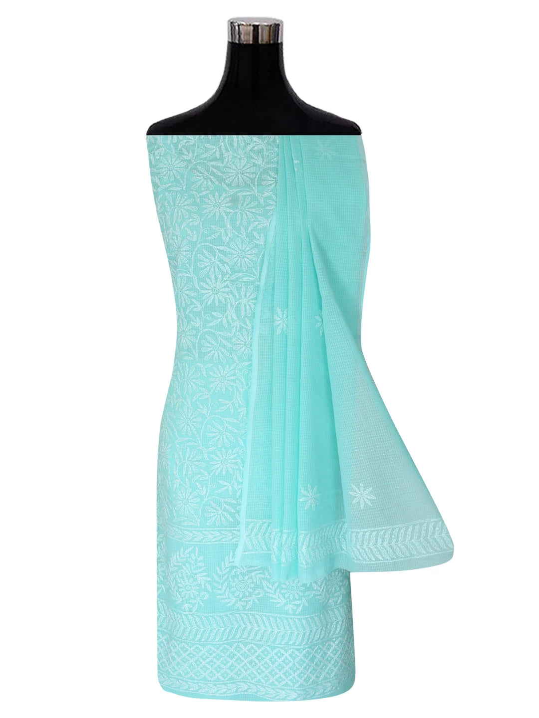 Ada Hand Embroidered Sea Green Kota Lucknowi Chikankari Unstitched Kurta Dupatta Set A211271