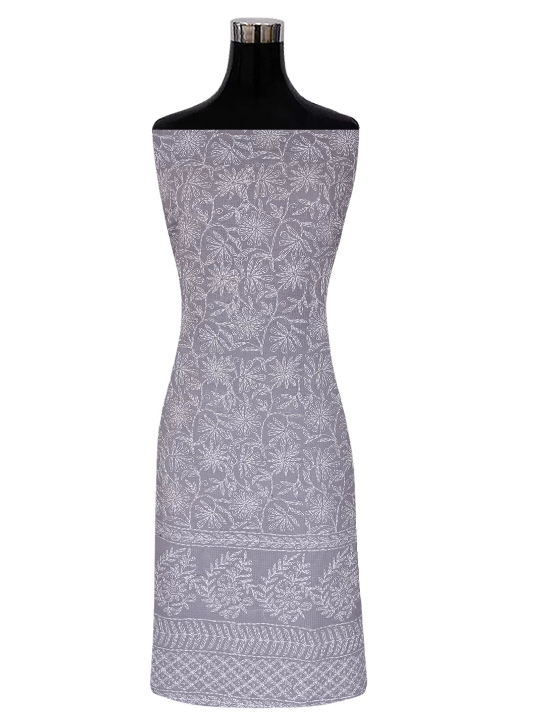 Ada Hand Embroidered Grey Kota Lucknowi Chikankari Unstitched Kurta Dupatta Set A211267