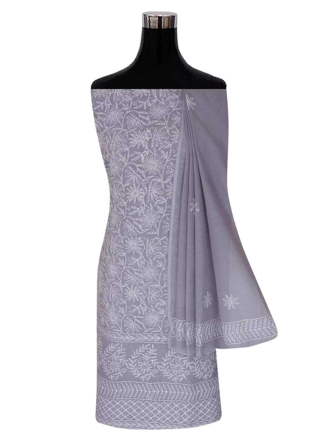 Ada Hand Embroidered Grey Kota Lucknowi Chikankari Unstitched Kurta Dupatta Set A211267