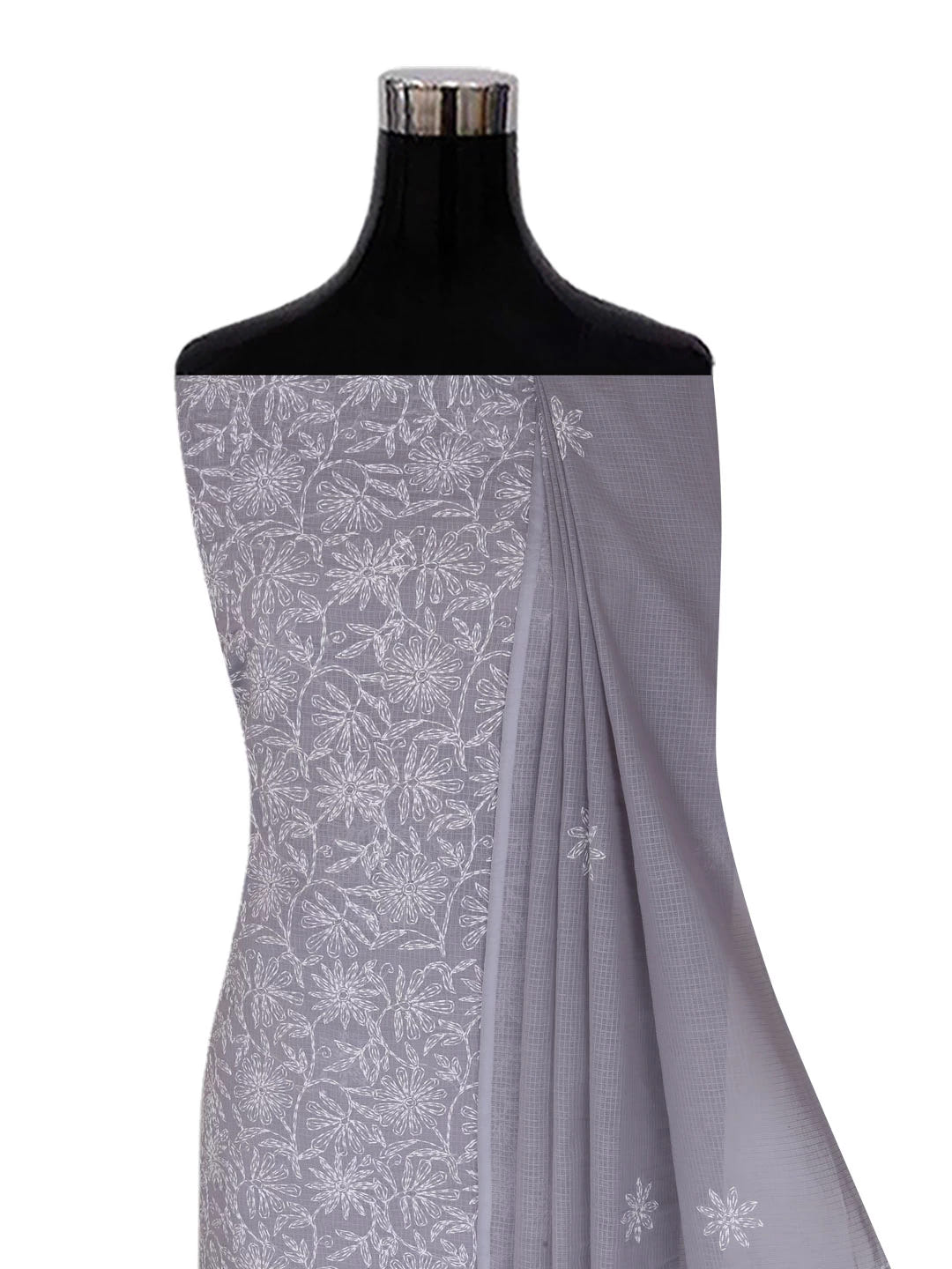 Ada Hand Embroidered Grey Kota Lucknowi Chikankari Unstitched Kurta Dupatta Set A211267