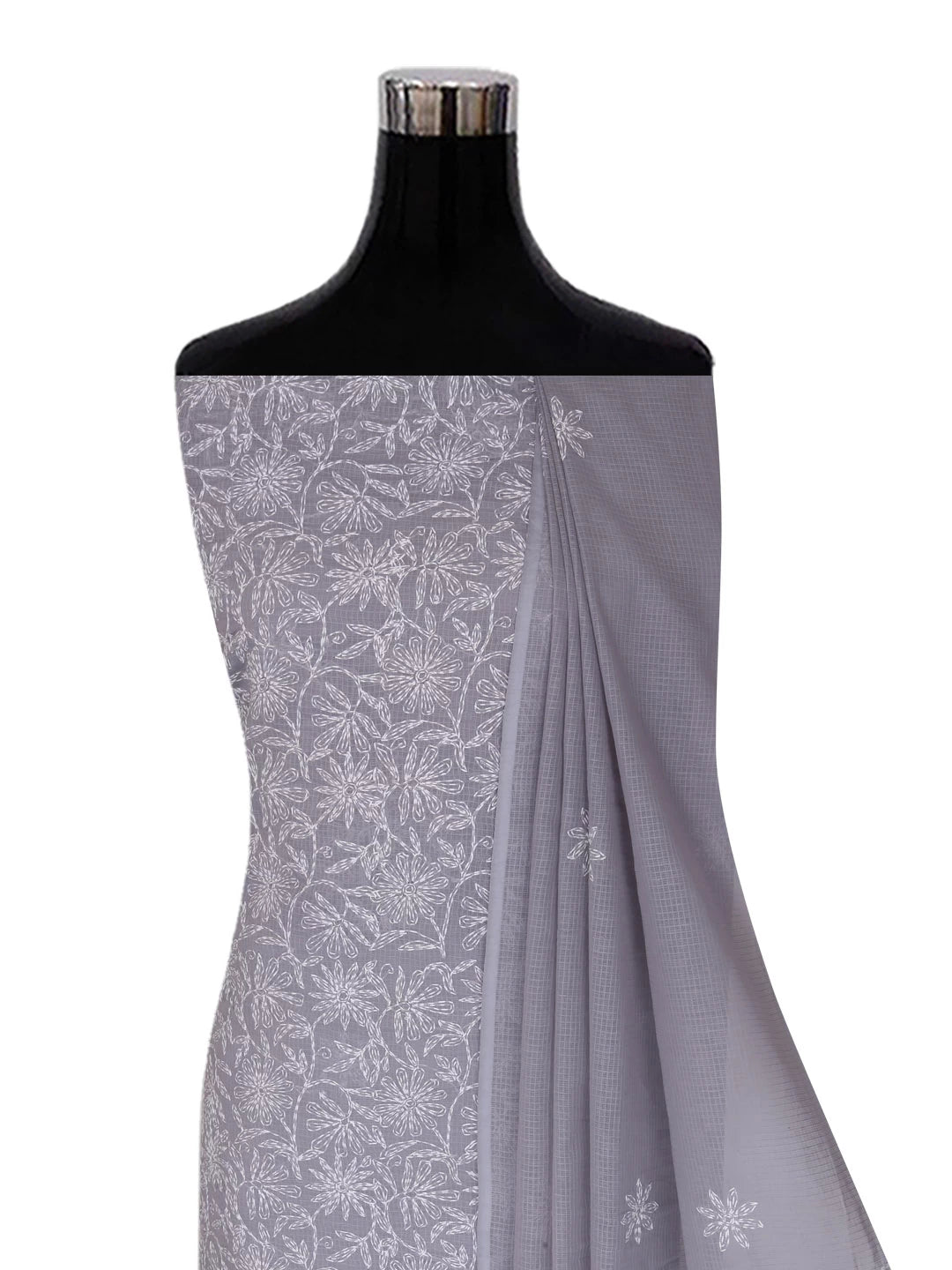 Ada Hand Embroidered Grey Kota Lucknowi Chikankari Unstitched Kurta Dupatta Set A211267