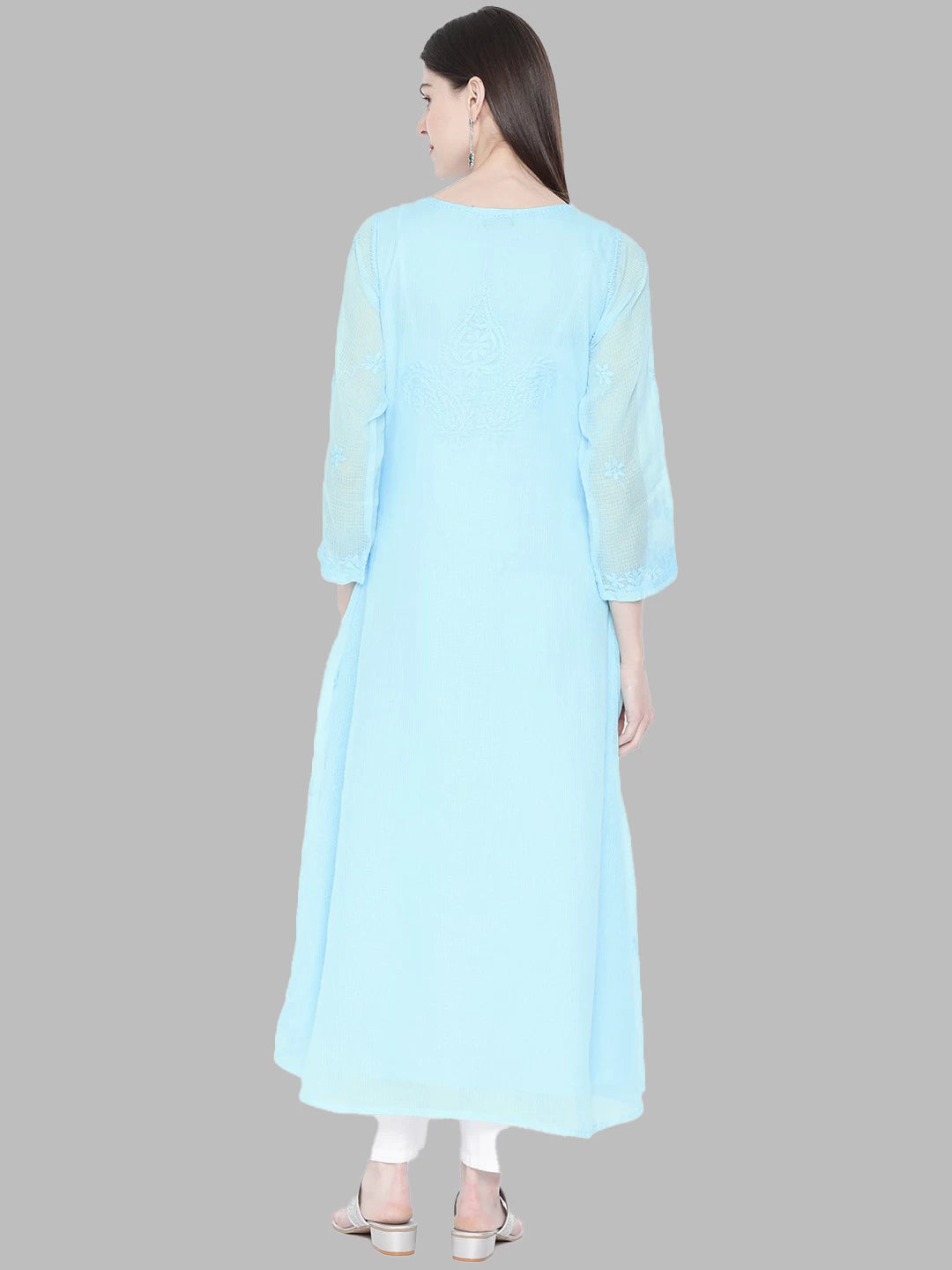Ada Hand Embroidered Blue Kota Lucknowi Chikankari A-LIne Kurta- A100210