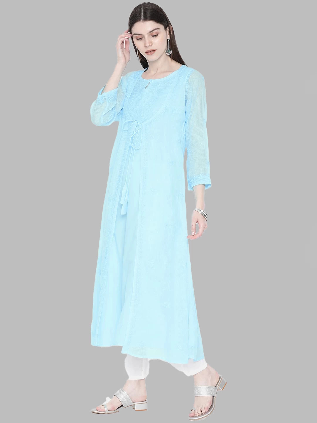 Ada Hand Embroidered Blue Kota Lucknowi Chikankari A-LIne Kurta- A100210