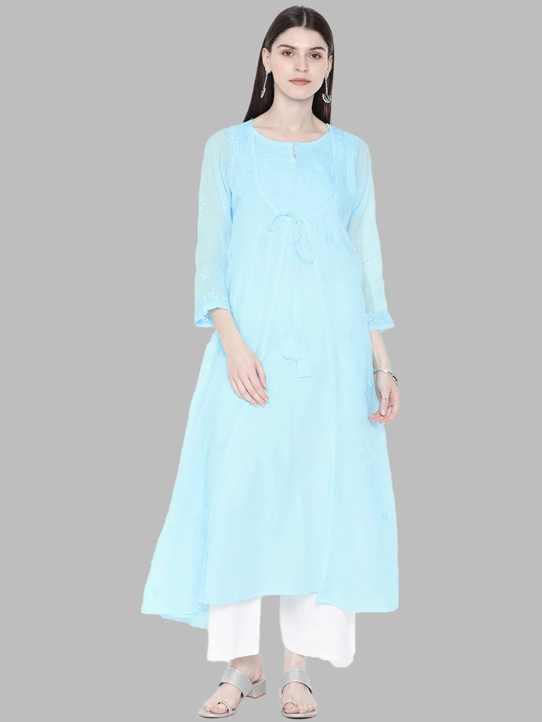 Ada Hand Embroidered Blue Kota Lucknowi Chikankari A-LIne Kurta- A100210