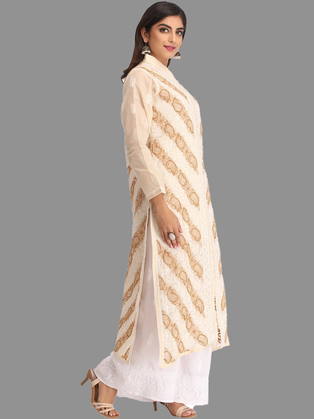 Ada Hand Embroidered Fawn Cotton Lucknow Chikankari Straight Kurta A239021