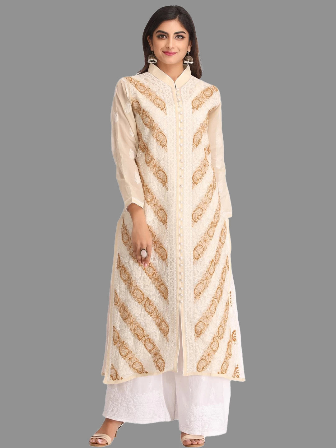 Ada Hand Embroidered Fawn Cotton Lucknow Chikankari Straight Kurta A239021