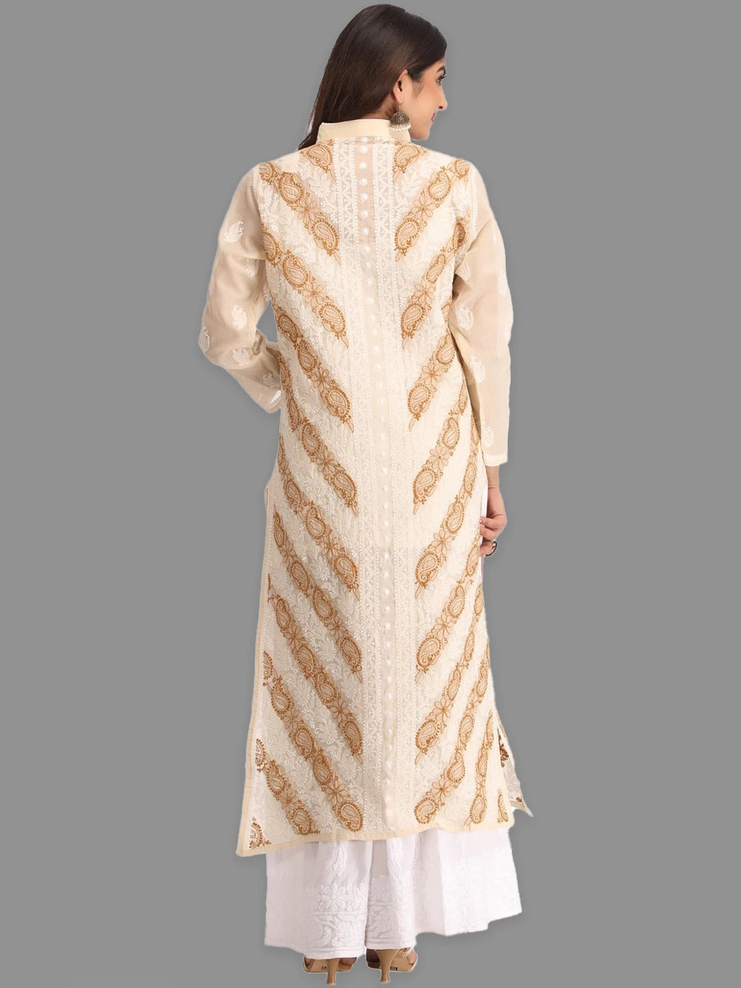 Ada Hand Embroidered Fawn Cotton Lucknow Chikankari Straight Kurta A239021