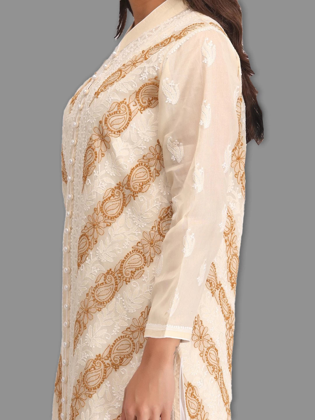 Ada Hand Embroidered Fawn Cotton Lucknow Chikankari Straight Kurta A239021