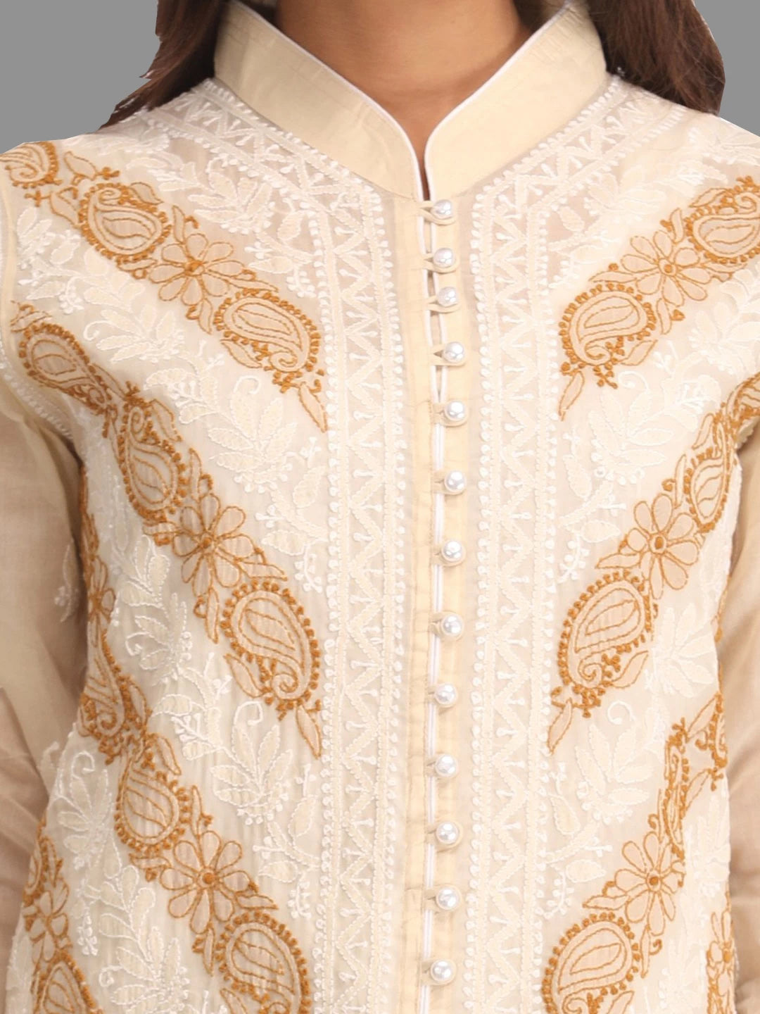 Ada Hand Embroidered Fawn Cotton Lucknow Chikankari Straight Kurta A239021