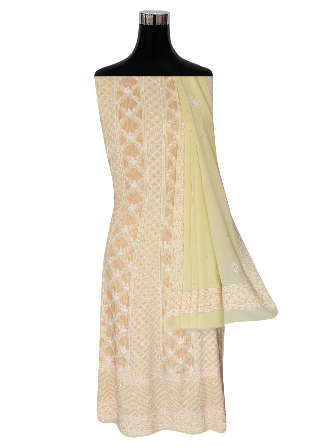 Ada Hand Embroidered Lemon Pure Georgette Lucknowi Chikankari Semi-Stitched Anarkali Kurta Dupatta Set With Cutdana Work 01A246797