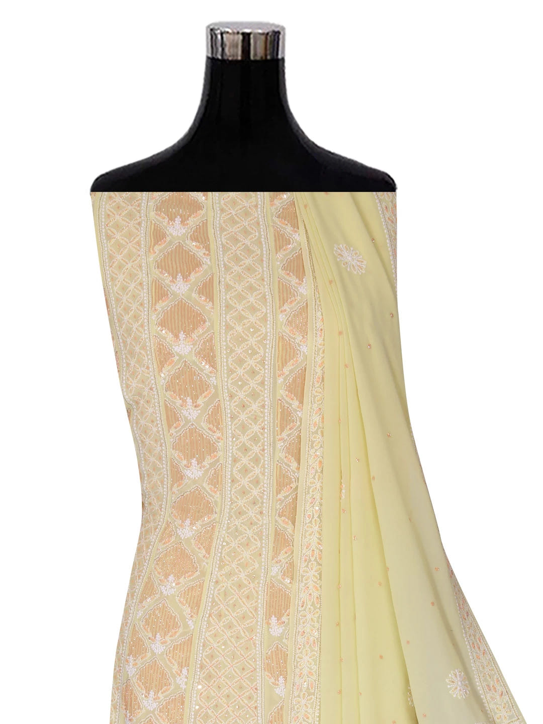 Ada Hand Embroidered Lemon Pure Georgette Lucknowi Chikankari Semi-Stitched Anarkali Kurta Dupatta Set With Cutdana Work 01A246797