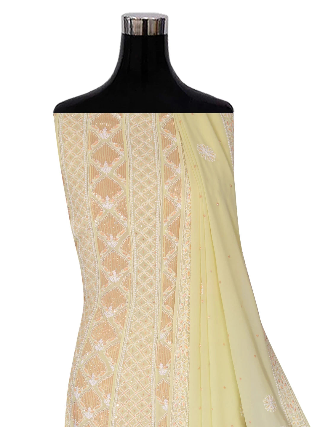 Ada Hand Embroidered Lemon Pure Georgette Lucknowi Chikankari Semi-Stitched Anarkali Kurta Dupatta Set With Cutdana Work 01A246797