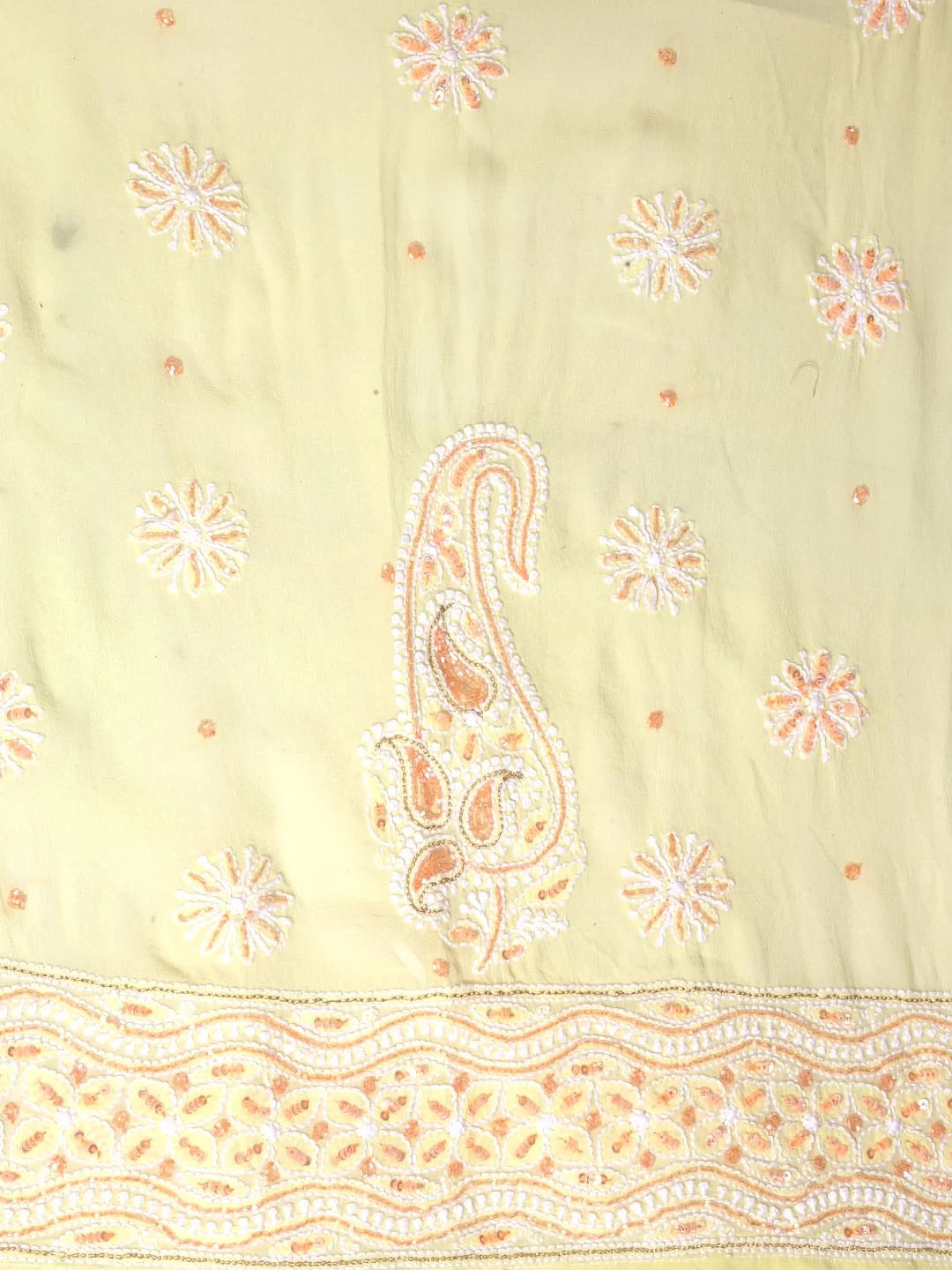 Ada Hand Embroidered Lemon Pure Georgette Lucknowi Chikankari Semi-Stitched Anarkali Kurta Dupatta Set With Cutdana Work 01A246797