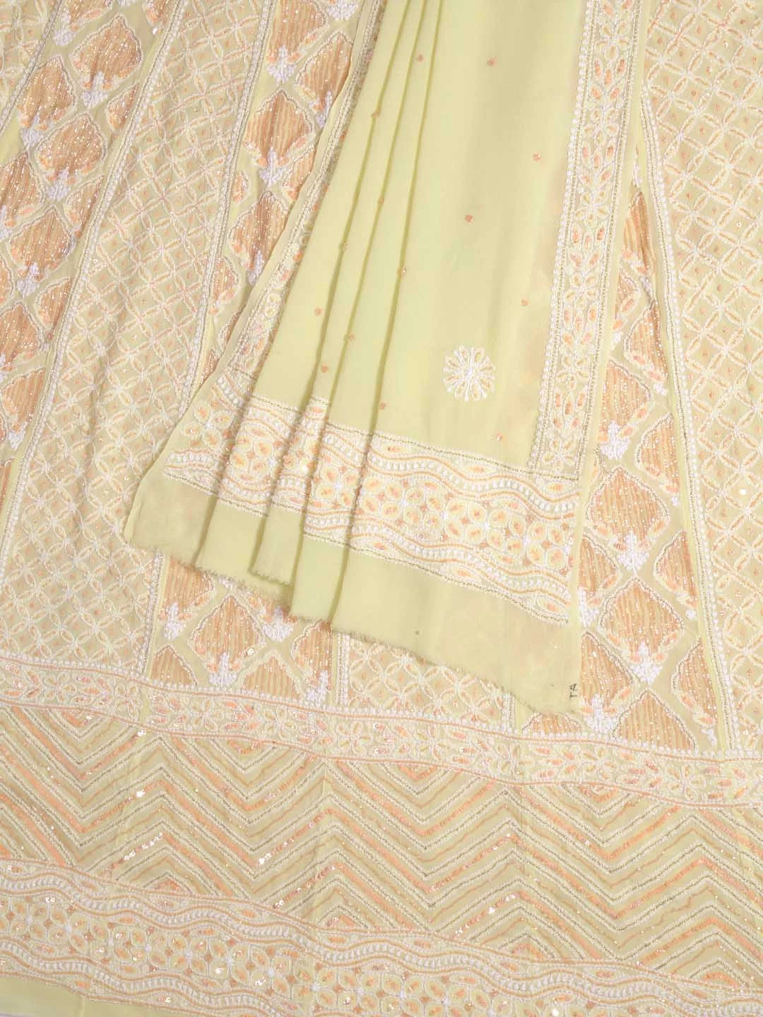 Ada Hand Embroidered Lemon Pure Georgette Lucknowi Chikankari Semi-Stitched Anarkali Kurta Dupatta Set With Cutdana Work 01A246797