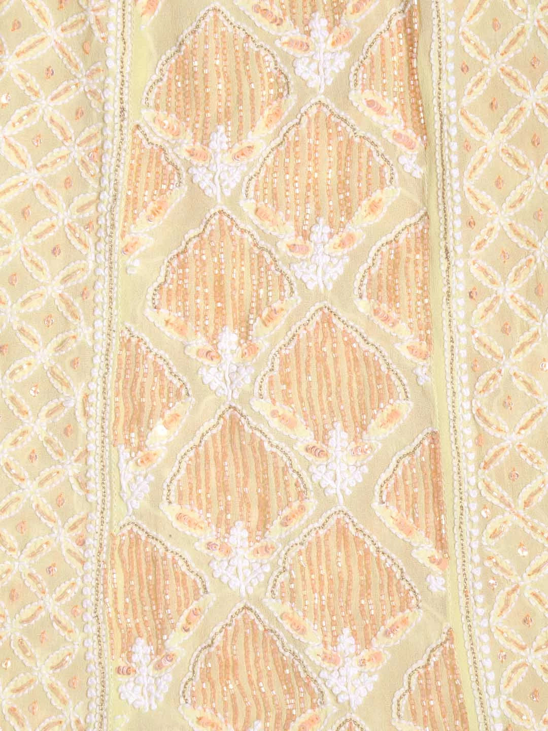 Ada Hand Embroidered Lemon Pure Georgette Lucknowi Chikankari Semi-Stitched Anarkali Kurta Dupatta Set With Cutdana Work 01A246797