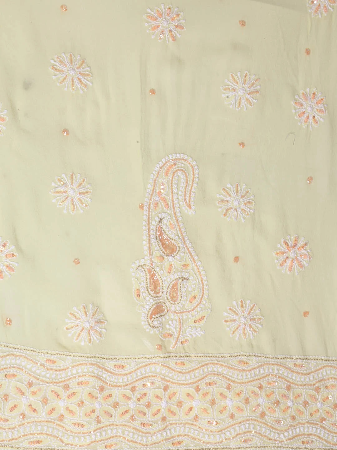 Ada Hand Embroidered Lemon Pure Georgette Lucknowi Chikankari Semi-Stitched Anarkali Kurta Dupatta Set With Cutdana Work 01A246797